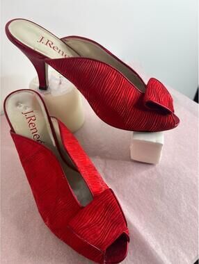 J Renee Elvira Red 7 Heels Open Toe Pleated Satin Slip-On 3.5" Heel Dress Shoes